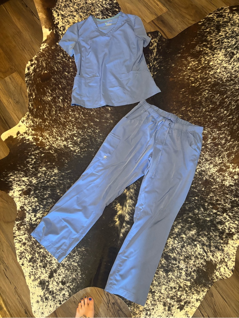 2 sets of Healing Hands Light Blue and Pewter Scrub Top & Drawstring Pants